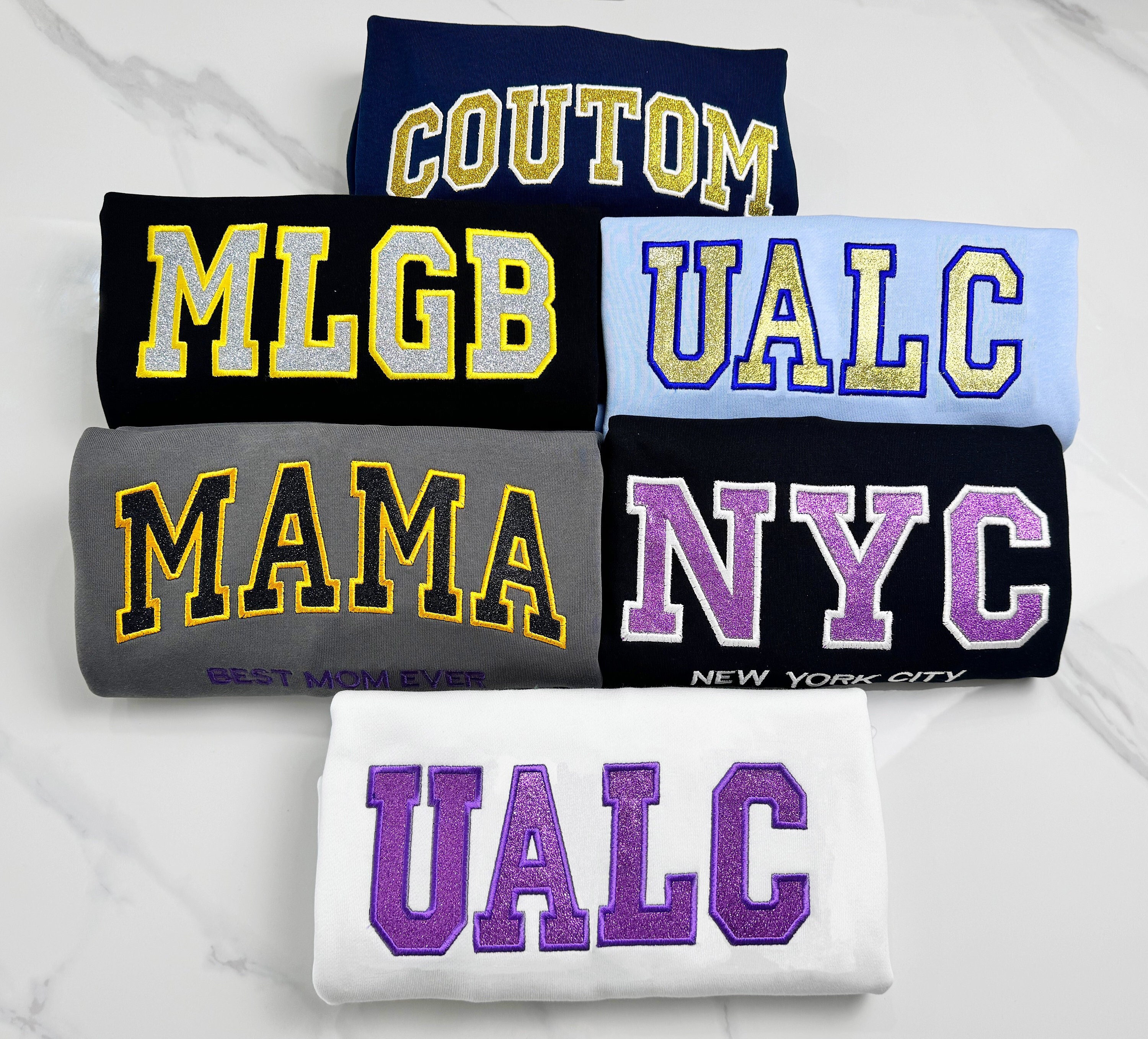 Custom Embroidered With Filled Glitter Sweatshirt | Embroidered Scripted Glitter Hoodie |Embroidered College Sweatshirt |Crewneck Sweatshirt