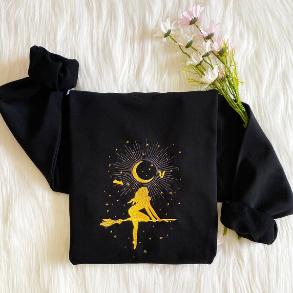 Zaotify Witch With Moon Embroidered Sweatshirt , Woman on a Broomstick Embroidered Hoodie, Moon Sweater, Crew Neck Sweatshirt, Gift For Her