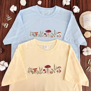 Embroidered Mushroom T-shirt | Botany Embroidered Sweatshirt | Cottage Core Embroidery T-shirt | Embroidered Mushroom Crew Neck Sweatshirt
