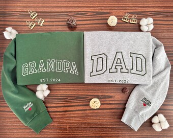 Custom Embroidered Sweatshirt | Name On Sleeve With Heart Embroidered Sweatshirt | Grandpa DAD EST YEAR Sweatshirt | Crew Neck Sweatshirt