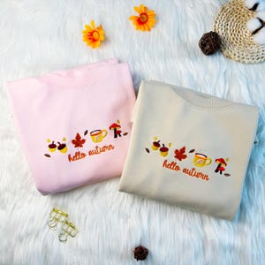 Hallo Herbst Herbst gesticktes Sweatshirt, niedlicher Herbst gestickter Hoodie, Kaffee und Pilz T-Shirt, Unisex übergroßes Sweatshirt mit Rundhalsausschnitt