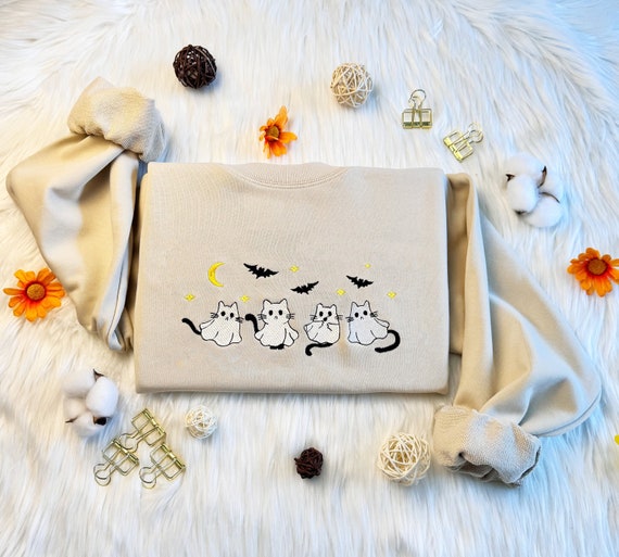 Embroidered Halloween Ghost Cat Sweatshirt or Hoodie: Unisex Gift