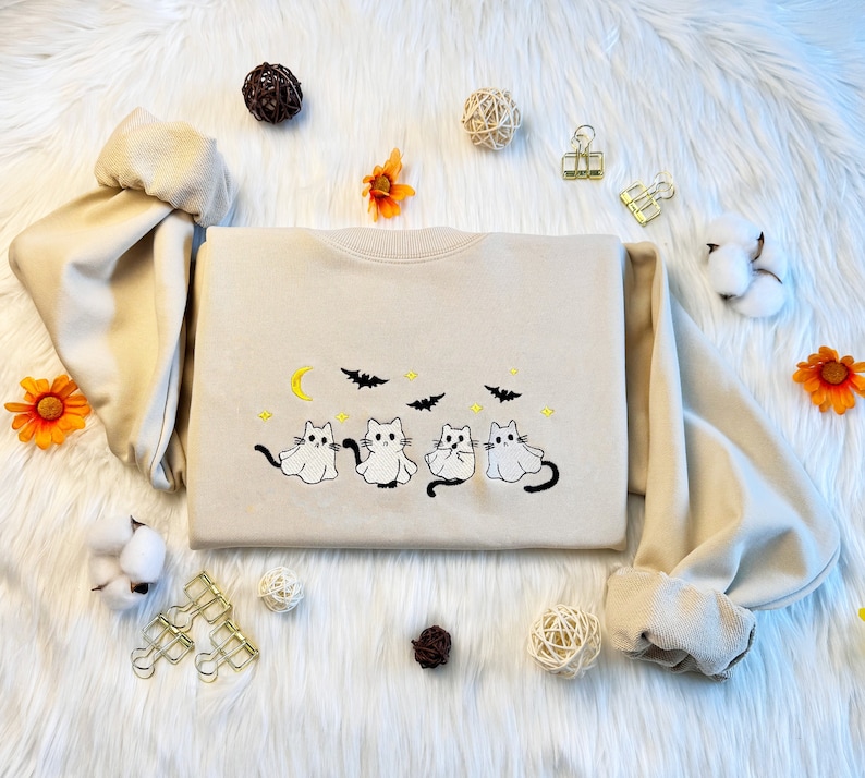 Halloween Ghost Cat Embroidered Sweatshirt, Embroidered Cat Sweatshirt, Embroidered Cat With Bat Halloween Hoodie, Unisex T-shirt