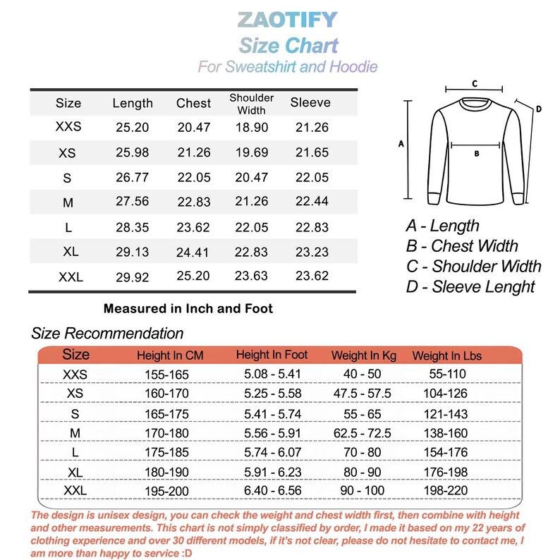 May include: Size chart for sweatshirts and hoodies with measurements in inches and feet. The chart includes size, length, chest, shoulder width, and sleeve length. It also includes a size recommendation chart with height in centimeters and feet, weight in kilograms and pounds.