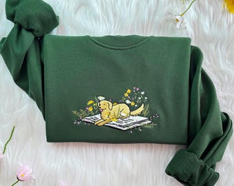 Embroidered Dog Sweatshirt, Lying On Book With Flowers, Book Lover Hoodie