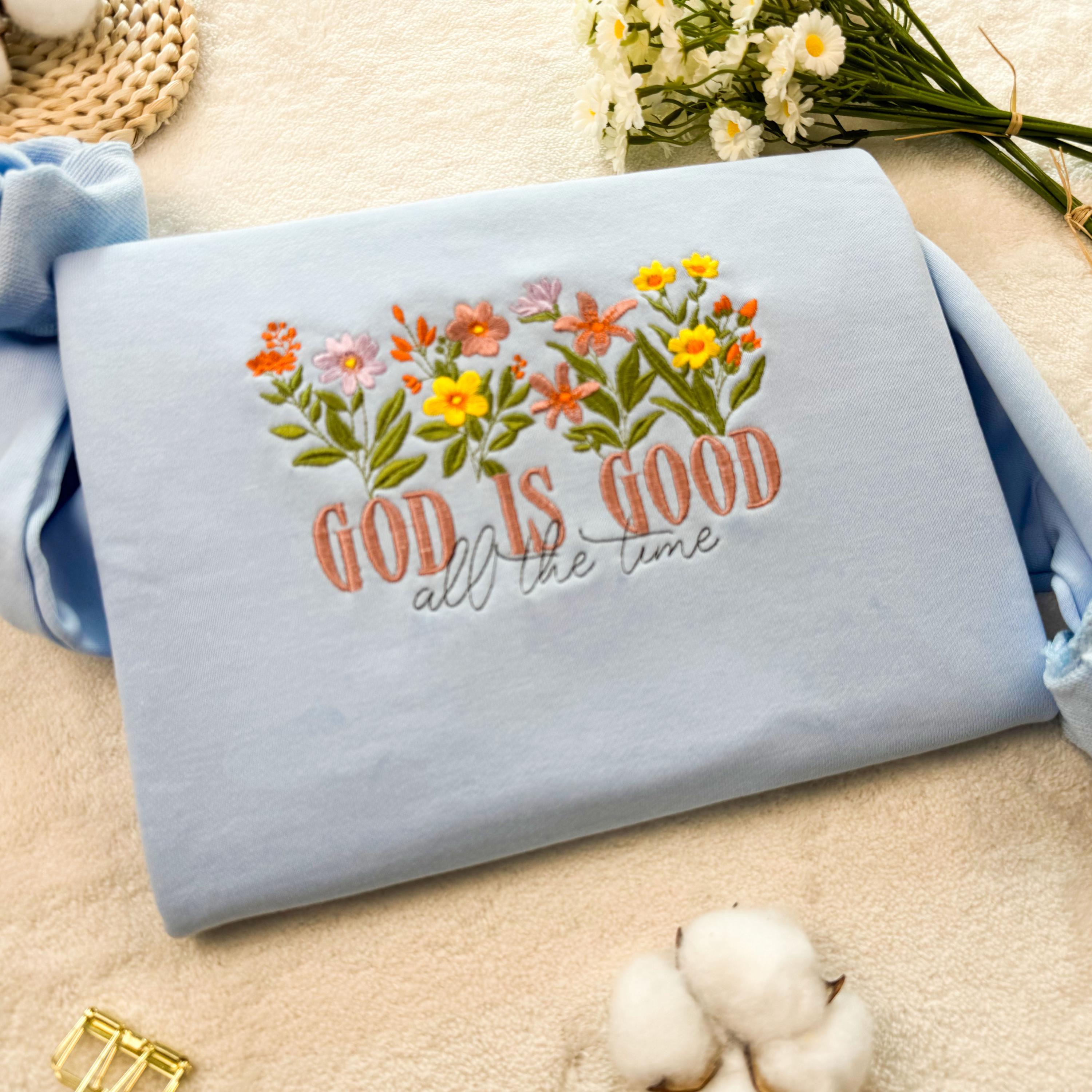 Embroidered God is Good Wildflower Sweatshirt, Botany Embroidered Hoodie, Cottage Core Embroidery T-shirt,Crew Neck Sweatshirt