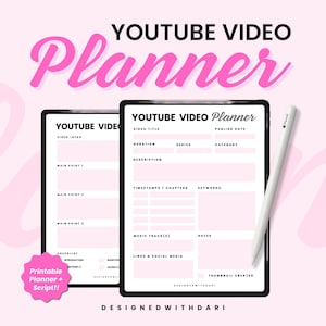 Peut inclure: Un planificateur vidéo YouTube imprimable avec des sections pour le titre de la vidéo, la durée, la description, les horodatages, les mots-clés, la bande son, les liens et les médias sociaux, les notes et la miniature créée. Le planificateur est conçu avec un fond rose et du texte blanc.