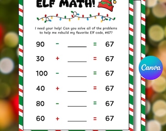 67 Elf Themed Math Worksheet Printable, Elf 67 Activity Sheet, 67 Math Problems for Christmas, Elf Arrival Props, Fun Worksheets for Kids