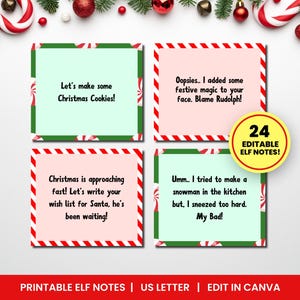 Può includere: Quattro biglietti da elfo natalizi quadrati con bordi a bastoncino di zucchero e messaggi festivi. I biglietti includono frasi come "Prepariamo dei biscotti di Natale!" e "24 Note di elfo modificabili!"
