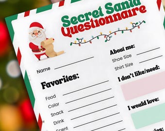 May include: A Secret Santa Questionnaire with a festive design. The top features text "Secret Santa Questionnaire" and a Santa Claus illustration. The form includes sections for favorites, dislikes, and gift preferences. The design incorporates red, green, and white colors.