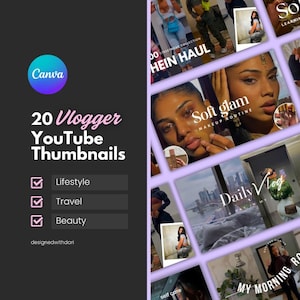20 Vlogger YouTube Thumbnails: Editable Canva Templates for YouTube video cover (Digital Download)