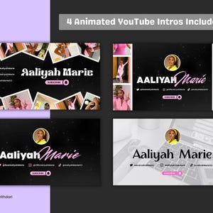 Heading: '4 animated youtube intros included'. 4 youtube intro video mockups against a purple and black background. Several women influencers posing on polaroid collages in the intros. The intro mockups display the name 'Aaliyah Marie' in several pink and white font combinations across each banner with a circular white-outline profile picture above. Classic white themed and a black galaxy themed intro mockup.