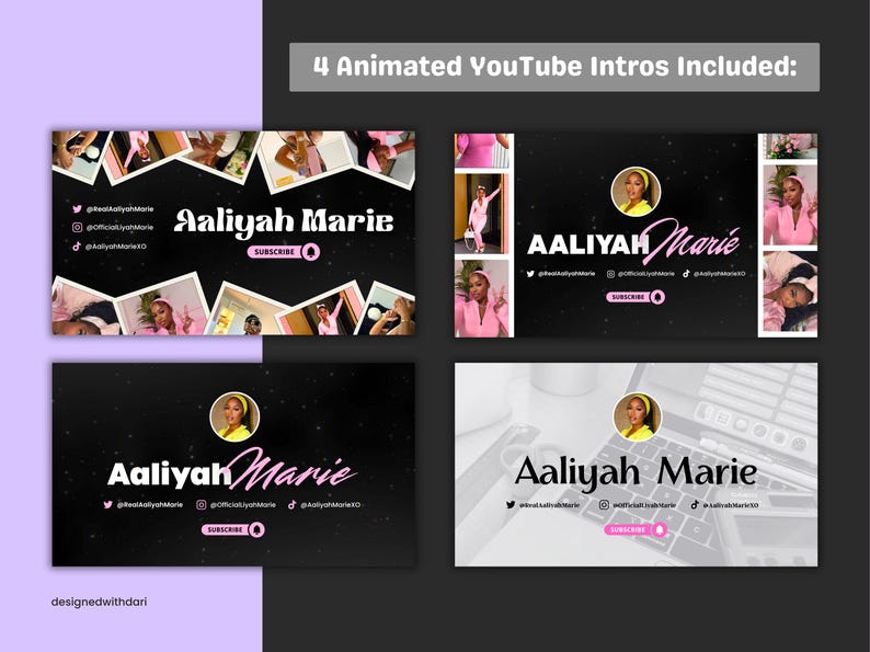 Heading: '4 animated youtube intros included'. 4 youtube intro video mockups against a purple and black background. Several women influencers posing on polaroid collages in the intros. The intro mockups display the name 'Aaliyah Marie' in several pink and white font combinations across each banner with a circular white-outline profile picture above. Classic white themed and a black galaxy themed intro mockup.