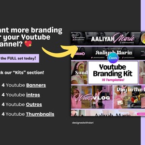 May include: A YouTube branding kit with 16 templates, including banners, intros, outros, and thumbnails. The design features a pink and white color scheme with the text "Aaliyah Marie" and "Youtube Branding Kit".