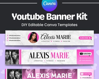 DIY YouTube Banner Kit: Pink Editable Canva Templates (Digital Download)