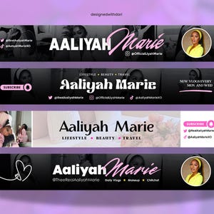 May include: A series of four banners with a purple and black color scheme. Each banner features the name "Aaliyah Marie" in various fonts. The banners promote lifestyle, beauty, and travel content, with social media handles and a "Subscribe" button.