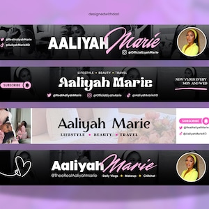 A purple graphic. Depicts 4 youtube banner mockups, 3 with black backgrounds and one with a white background. Displayed vertically with women posing on the front.