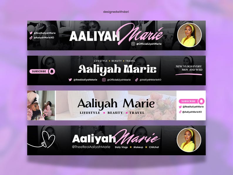 A purple graphic. Depicts 4 youtube banner mockups, 3 with black backgrounds and one with a white background. Displayed vertically with women posing on the front.