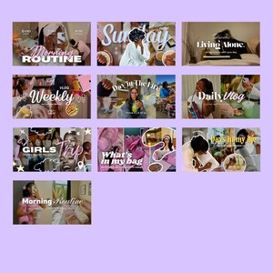 A collage of 10 YouTube thumbnail designs with a plain purple background. The thumbnails feature various lifestyle, travel, and beauty topics. The text on the thumbnails includes 'Morning Routine', 'Weekly Vlog', 'Sunday Reset' and 'Daily Vlog'.