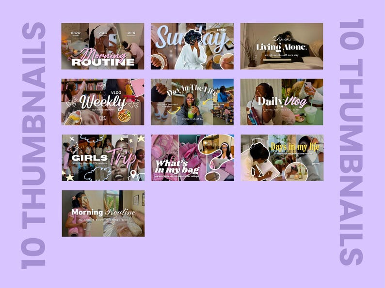 A collage of 10 YouTube thumbnail designs with a plain purple background. The thumbnails feature various lifestyle, travel, and beauty topics. The text on the thumbnails includes 'Morning Routine', 'Weekly Vlog', 'Sunday Reset' and 'Daily Vlog'.