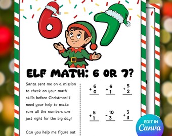 Printable 67 Elf Math Worksheet, Elf 67 Activity Page for Christmas, 67 Elf Props, Fun Worksheets for Kids, Math problems, Elf Ideas