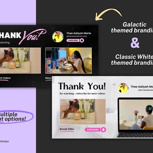 2 youtube outro video mockups against a split purple and black background. Women influencers on 2 place holder images on each outro. The context text says 'galactic themed branding" with a yellow arrow pointing to the black mockup and 'classic white themed branding with a yellow arrow pointing to the white youtube outro mockup. To the left: The words "multiple layout options".