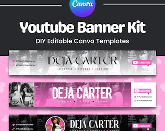 DIY YouTube Banner Kit: Editable Canva Templates (Digital Download) - Pink Youtube Branding Kit