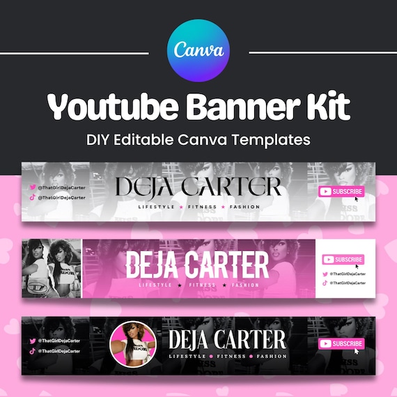DIY YouTube Banner Kit: Editable Canva Templates (Digital Download) - Pink Youtube Branding Kit
