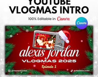 Editable Vlogmas Youtube Intro - Vlogmas YouTube Branding Kit for Christmas, Intro Youtube Template, Canva (Digital Download)