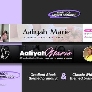 May include: Graphic design templates for a social media banner. The design features the name "Aaliyah Marie" in a stylish font, with options for lifestyle, beauty, and travel themes. Includes customizable branding options.