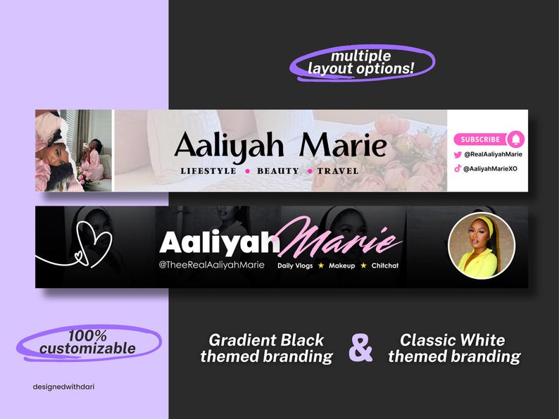 May include: Graphic design templates for a social media banner. The design features the name "Aaliyah Marie" in a stylish font, with options for lifestyle, beauty, and travel themes. Includes customizable branding options.