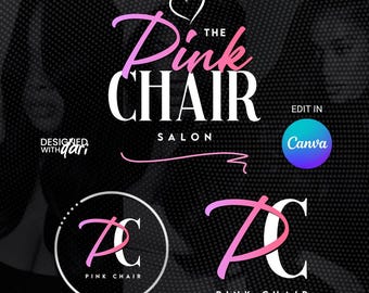 Puede incluir: Logotipo rosa y blanco para The Pink Chair Salon, con un corazón y varios elementos de diseño. El texto incluye "Designed with Yari" y "Edit in Canva", además de dos variaciones del logotipo.