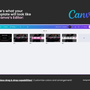 May include: A screenshot of Canva's editor interface, showcasing a template design. The interface displays several banner designs with text and images. The Canva logo is visible in the upper right corner. Text on the screen reads "Here's what your template will look like in Canva's Editor:" and "Seamless drag & drop capabilities! Customize colors and arrangement!"