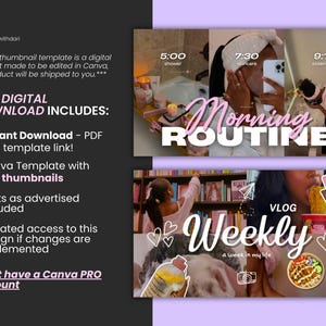 A digital download Canva template for creating social media thumbnails. The template includes 10 thumbnails with a pink and white color scheme. The text on the template reads 'Morning Routine' and "Weekly Vlog'.
