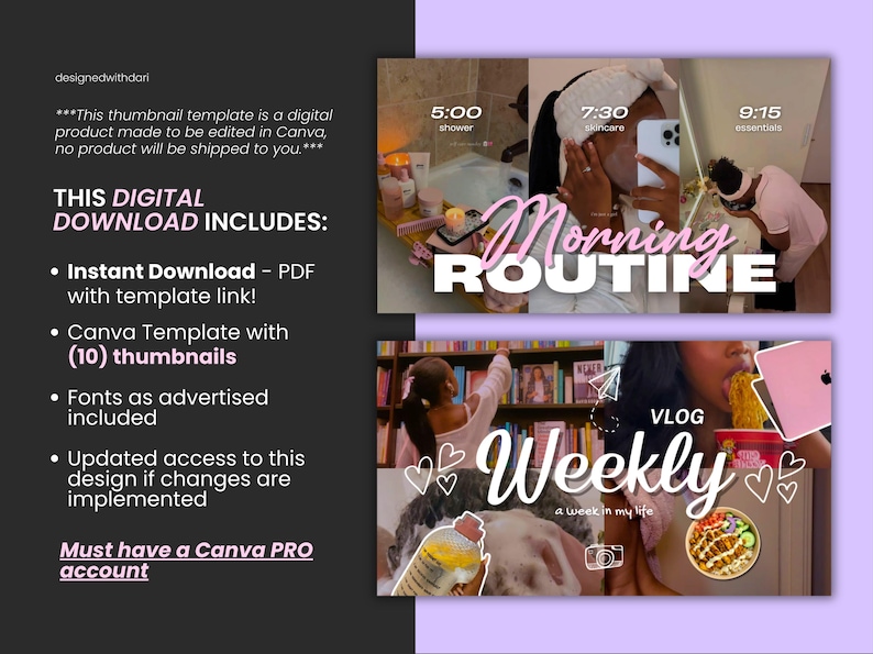 A digital download Canva template for creating social media thumbnails. The template includes 10 thumbnails with a pink and white color scheme. The text on the template reads 'Morning Routine' and "Weekly Vlog'.