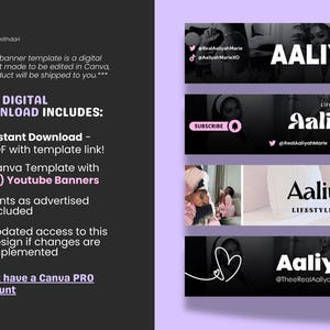 May include: Digital download of a Canva template for YouTube banners. The design features a black and pink color scheme with the name "Aaliyah" in a stylish font. Includes four banners and fonts.