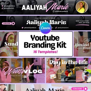 May include: A digital marketing graphic with the name "Aaliyah Marie" in a stylized script. The graphic promotes a YouTube Branding Kit with 16 templates, and features lifestyle, beauty, and travel content.