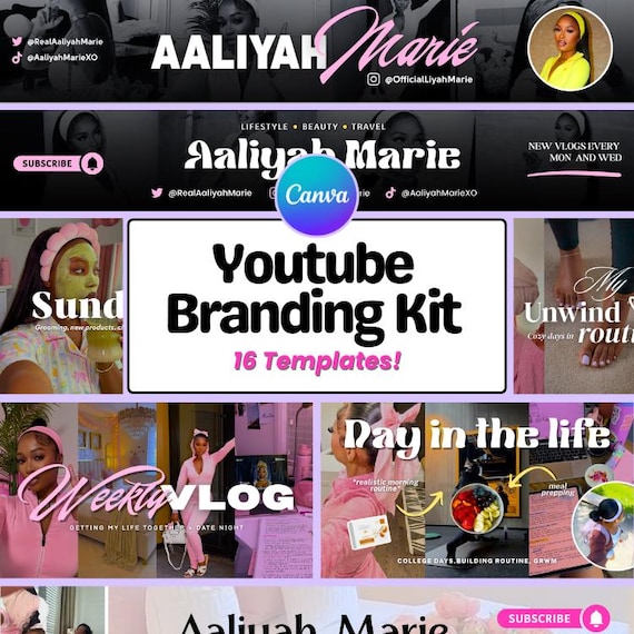 Pink YouTube Branding Kit: DIY Canva Templates for Banners, Thumbnails, Intros (Digital Download)