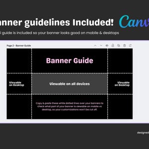May include: A digital banner guide on a tablet screen, with the text "Banner guidelines Included! Canva." The guide shows how to ensure banners look good on mobile and desktop devices. The guide includes a banner guide with dotted lines.