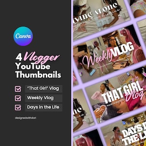 4 YouTube-miniatyrer för vloggare: Redigerbara Canva-mallar för YouTube-videoomslag (digital nedladdning)
