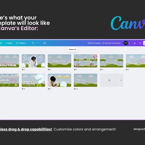 A screenshot of a Canva design template for YouTube thumbnails. The template is a collection of 10 different thumbnails with a green grass and blue sky placeholder image. The thumbnails feature Heading text such as 'Morning Routine', 'Day In The Life', 'Girls trip', 'Sunday Reset', 'Daily Vlog', 'Weekly Vlog', 'Living Alone Diaries'. The text is in different colors and fonts. The template is designed to be used for YouTube videos and can be customized with different colors and text.