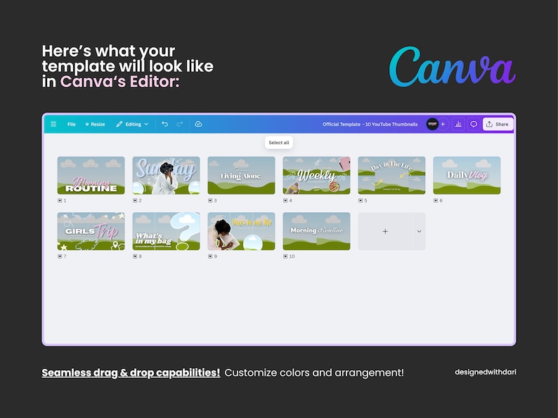 A screenshot of a Canva design template for YouTube thumbnails. The template is a collection of 10 different thumbnails with a green grass and blue sky placeholder image. The thumbnails feature Heading text such as 'Morning Routine', 'Day In The Life', 'Girls trip', 'Sunday Reset', 'Daily Vlog', 'Weekly Vlog', 'Living Alone Diaries'. The text is in different colors and fonts. The template is designed to be used for YouTube videos and can be customized with different colors and text.