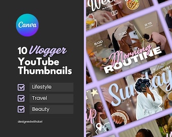 10 YouTube Thumbnails for Lifestyle vlogs: Editable Canva Templates, YouTube video (Instant Download)