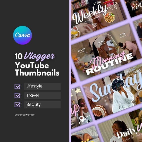 10 YouTube Thumbnails for Lifestyle vlogs: Editable Canva Templates, YouTube video (Instant Download)