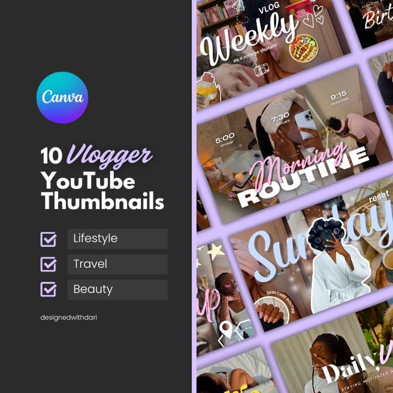A collage of 10 YouTube thumbnail designs with a purple background. The thumbnails feature various lifestyle, travel, and beauty topics. The text on the thumbnails includes 'Morning Routine', 'Weekly Vlog', 'Sunday Reset' and 'Daily Vlog'.