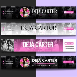 May include: A collection of social media banner designs featuring the name "Deja Carter" in bold white text. The banners have a lifestyle, fitness, and fashion theme, with a pink and black color scheme. Each banner includes social media handles and a "Subscribe" button.