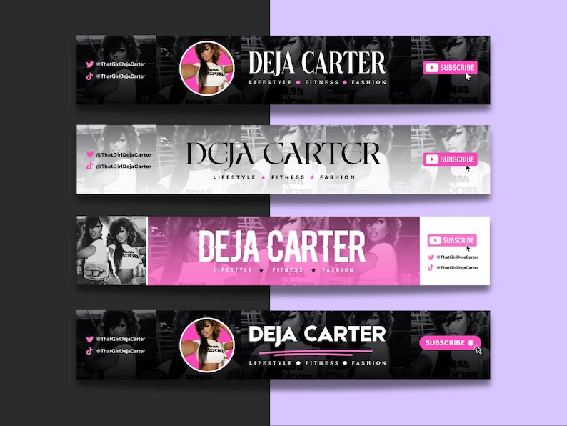 May include: A collection of social media banner designs featuring the name "Deja Carter" in bold white text. The banners have a lifestyle, fitness, and fashion theme, with a pink and black color scheme. Each banner includes social media handles and a "Subscribe" button.