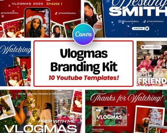 Editable Vlogmas intro, Youtube thumbnails: Youtube Branding Kit - Canva Templates for Christmas (Digital Download)