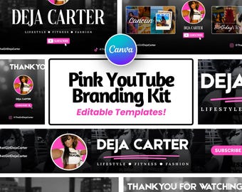 Pink Youtube Branding Kit - Youtube Banner, Intro Templates, Outro: DIY Editable Canva Template (Digital Download)
