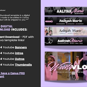 A black and purple graphic. One it's right (purple) side depicts 4 youtube banners for influencers and a youtube thumbnail mockup that reads 'weekly vlog'. On it's left side (grey) side, lists what's included in the template with check marked benefits such as ' 4 youtube banner', ' 4 youtube outros'.
